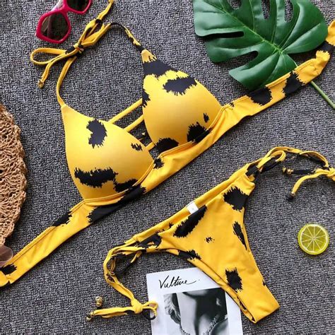 Yellow Leopard Sexy Bikini Set Padded Push Up Swimsuit Bather Halter Swimwear Female Thong