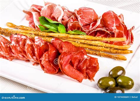 Italian Meat Platter Prosciutto Ham Bresaola Salami Stock Image