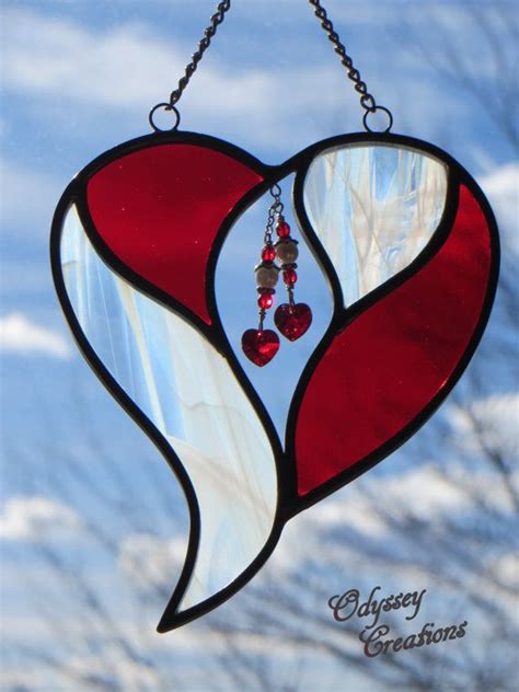 Two Hearts In One Red And Whispy White Stained Glass Suncatcher With Swarovski Crystals And