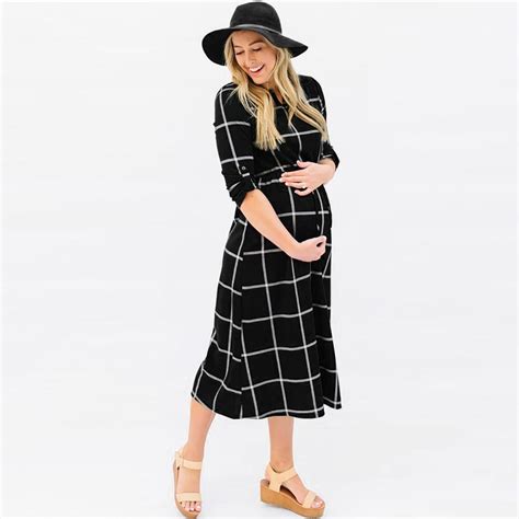 Modest Maternity Plaid Midi Dress With 3 4 Sleeves In Black White Modest Maternity Dresses