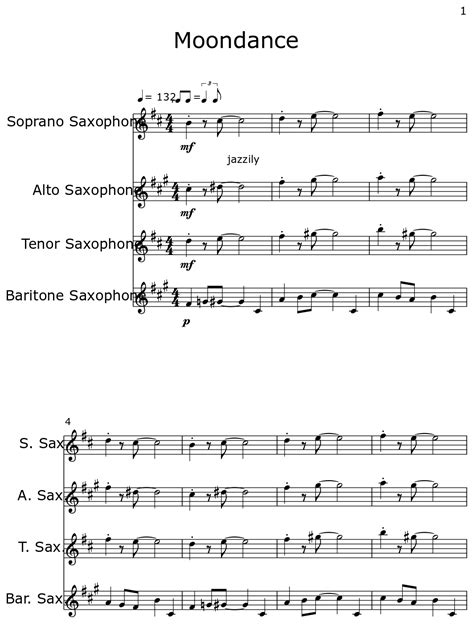 Moondance Sheet Music For Soprano Saxophone Alto Saxophone Tenor Saxophone Baritone Saxophone