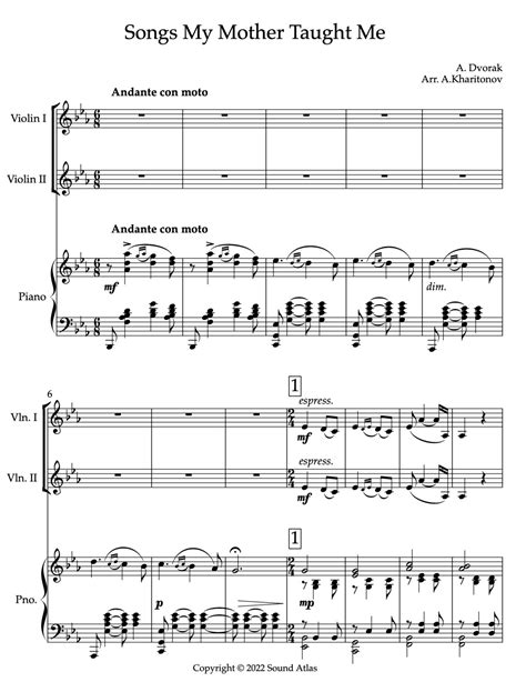 A Dvorak Songs My Mother Taught Me Arrangement For Violin Ensemble And Piano