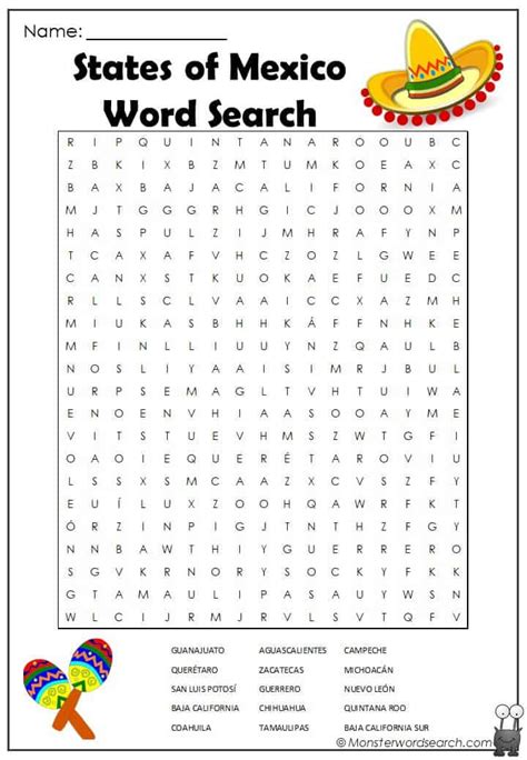 States Of Mexico Word Search Monster Word Search