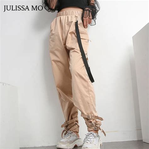 Julissamo Harajuku High Waist Cargo Pants Women Elastic Harem Pants Punk Hip Hop Trousers Cotton