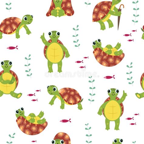 Seamless Pattern With Cute Turtles In Cartoon Style For Fabric