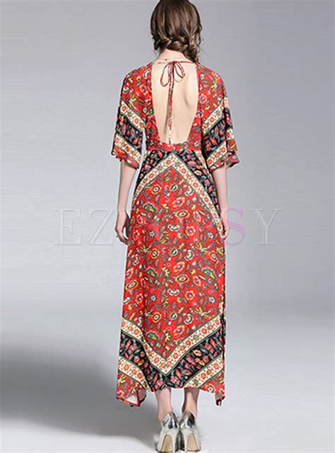 Bohemia Floral Print V Neck Split Maxi Dress Maxi Dress Split Maxi