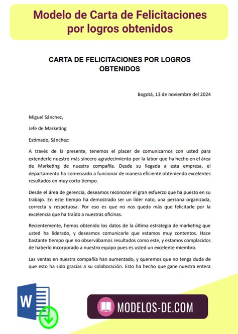 Carta De Felicitaciones Por Logros Obtenidos En Word