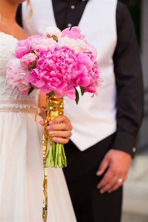 These flowers have an extravagant look as well, with layers of petals to represent the dynamics of. Gold details and pink peonies bouquet | Wedding urban chic ...