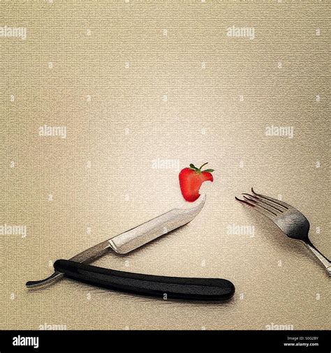 Cut Throat Razor Knife Fork And Strawberry Digitally Manipulated