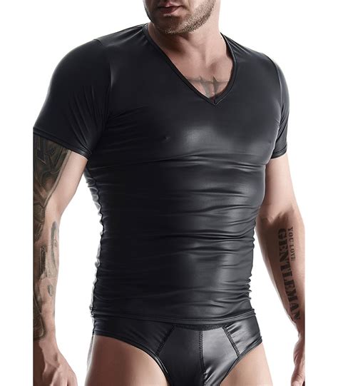 t shirt mit v ausschnitt im sexy wet look für herren schwarz online günstig kaufen