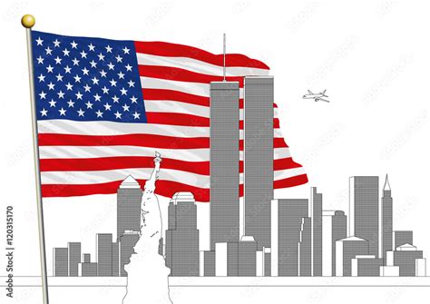 Wtc Twin Towers And Us Flag Eleven September Memorial Stock Vector