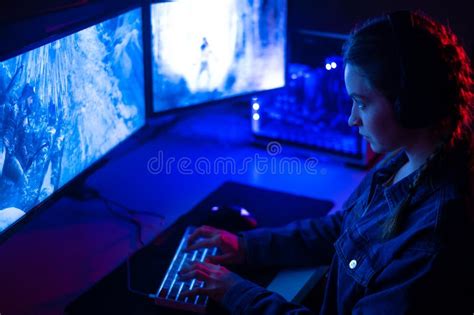 Girl Gamer Playing At The Computer In Shooters Steam Neon Light E