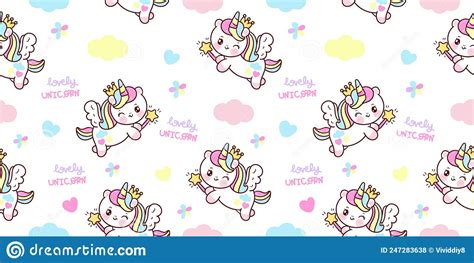 Seamless Unicorn Pattern Animal Pegasus On Sweet Cloud Cartoon Kawaii