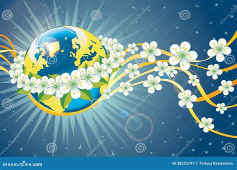 Planet Earth In Wreath Of Spring Flowers And Ribbo Stock Vector