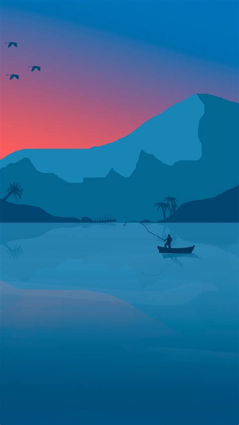 1440x2560 Minimalist Beach Boat Mountains Sunset Birds 8k
