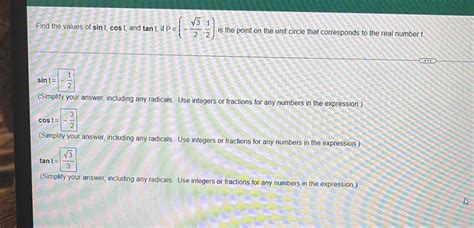 Find The Values Of Sint Cost And Tant If P V3 1 22 I Math