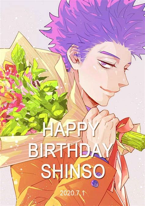 A Man With Purple Hair Holding Flowers In His Hand And The Words Happy