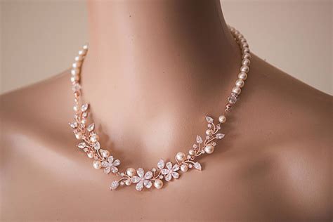 Rose Gold Wedding Necklace Swarovski Pearl W Sparky Cz Crystal Bridal