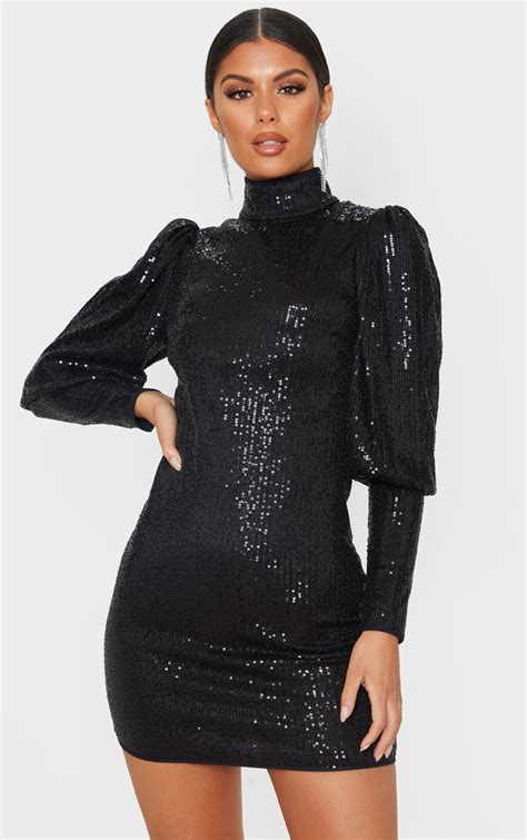 Black Sequin Puff Sleeve Bodycon Dress Prettylittlething