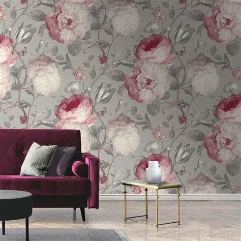 Giorgio Floral Wallpaper Grey And Pink Cheap Floral Wallpaper Bandm