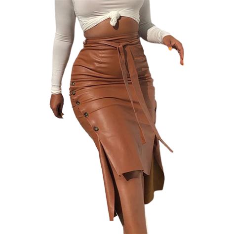 Carolilly Women´s Faux Leather Midi Skirt High Waist Button Trim Solid