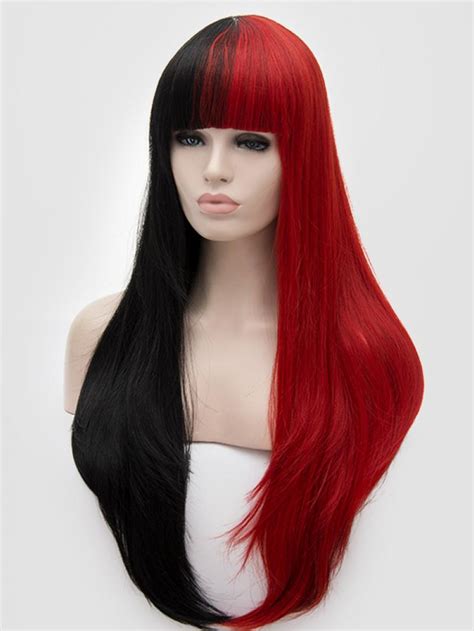 Half Black Half Red Long Straight Non Lace Wefted Wig Synthetic Wigs