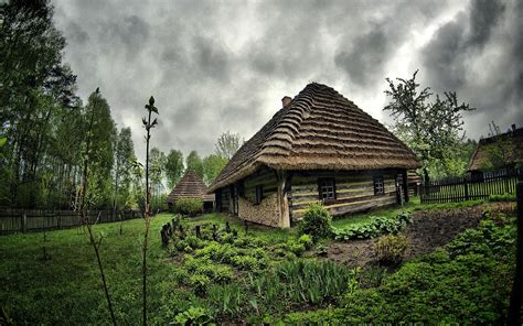 Wallpaper Countryside Hut Garden Trees Clouds 2880x1800 Hd Picture