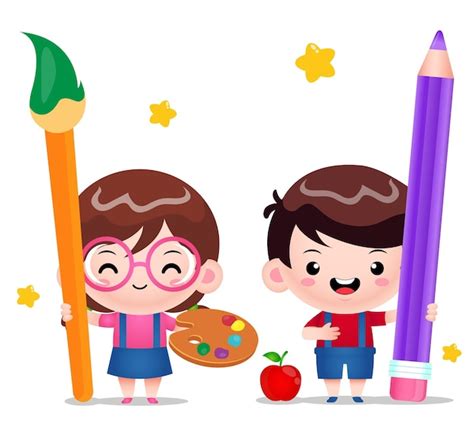 Premium Vector Cute Girl Holding Big Painting Brush And Boy Holding