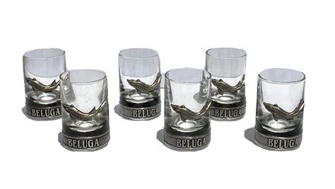 Beluga Vodka Wodka Shot Glasses Lot Of 6 35 Ml Glass With Pewter Fish
