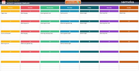 Activity Calendar Template Instant Download