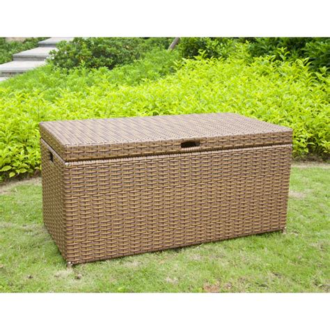 You may also like to think about whether your patio sets and storage units contrast or blend in with the other furniture styles in your home. Outdoor Honey Resin Wicker Storage Deck Box