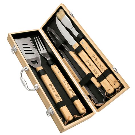 Personalized 3 Piece Bbq Tool Set In Bamboo Case Grills And Accessories