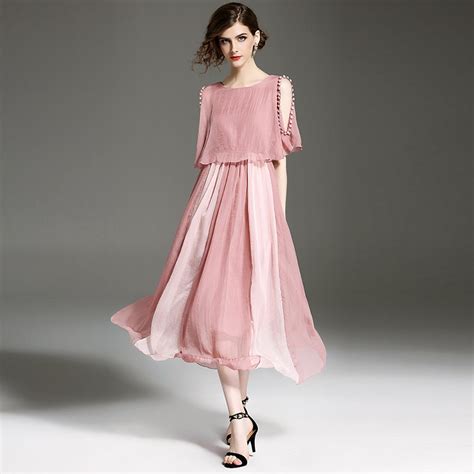 Women Summer Chiffon Dress Pink 2017 New Ankle Length Fashion Brand