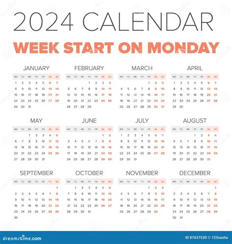 Simple 2024 Year Calendar Stock Vector Illustration Of Monthly 87637530