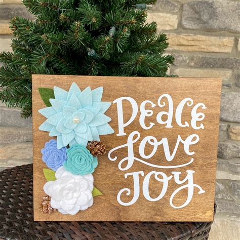 Peace Love And Joy Wood Sign With Felt Flowers Winter Blue Etsy