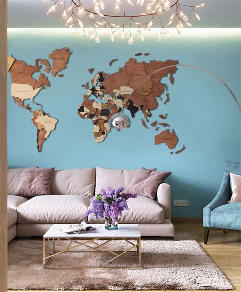 World Map Wood Wall Art Wooden World Map Weltkarte Etsy Living Room