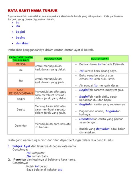 Kata nama ialah perkataan yang boleh menjadi unsur inti bagi binaan frasa nama. Contoh Kata Ganti Nama Tunjuk Umum