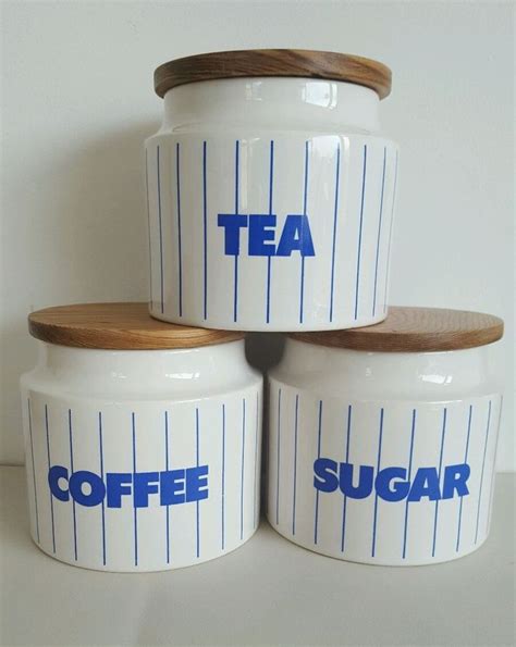 1980 Hornsea Pottery Blue Stripe Logo Tea Coffee Sugar Storage Jars