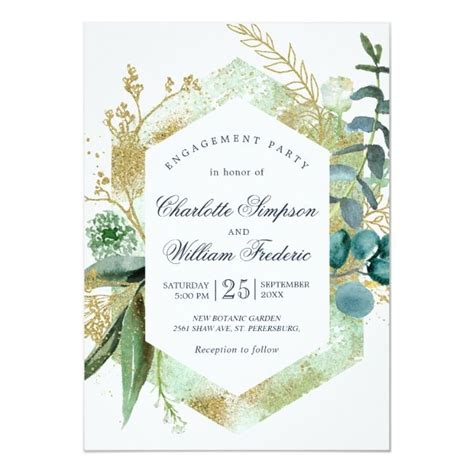 Golden Glitter Foliage Watercolor Engagement Party Invitation Zazzle