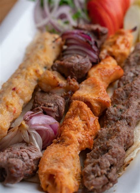 Arabic Traditional Food Kufta And Lamb Brochette On The Plate Stock