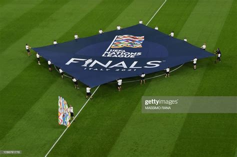 The UEFA Nations League flag is pictured prior to the UEFA Nations 