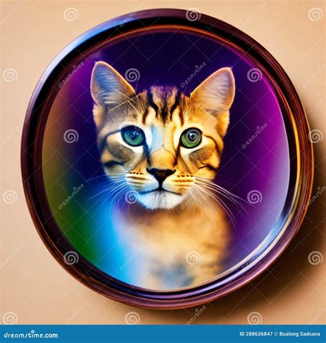 Kitten Looking At Round Mirror On Table Male Lion Inside Mirror Close Up Generative AI Stock