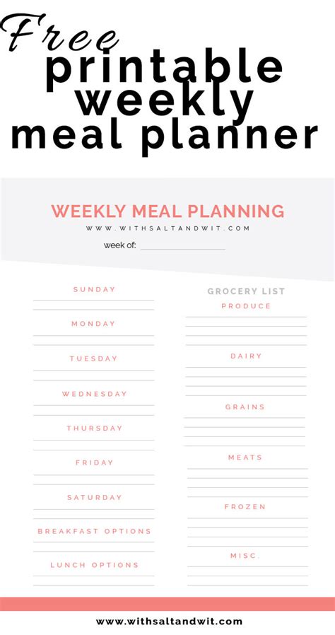 Create lists by the main ingredient, how the dinners are prepared, etc. Free Printable Weekly Meal Planner with Grocery List