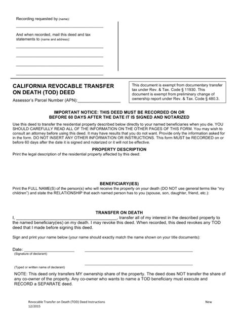 Free California Revocable Transfer On Death Tod Deed