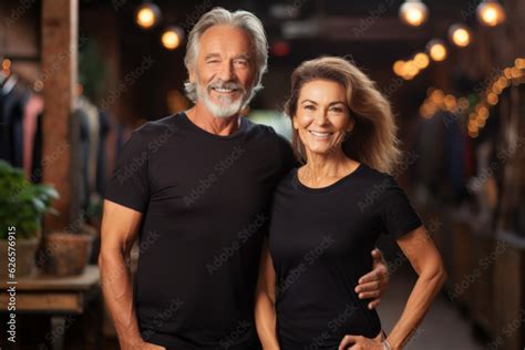Old Mature Couple With Matching Mockup Black T Shirt Mockup Happy