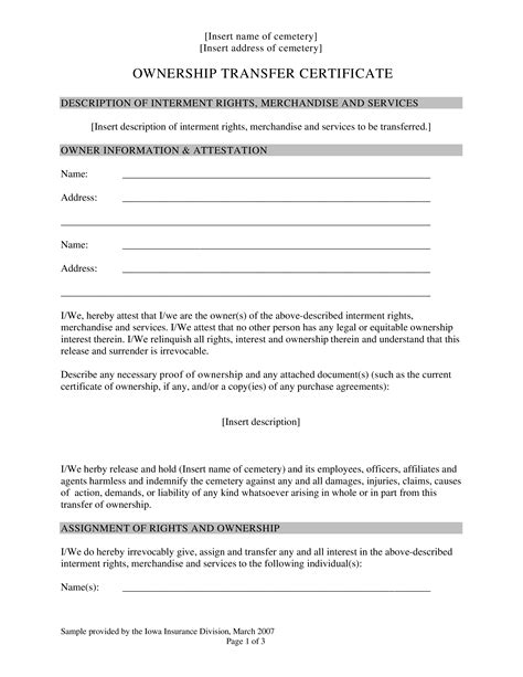 Printable Transfer Of Ownership Agreement Template