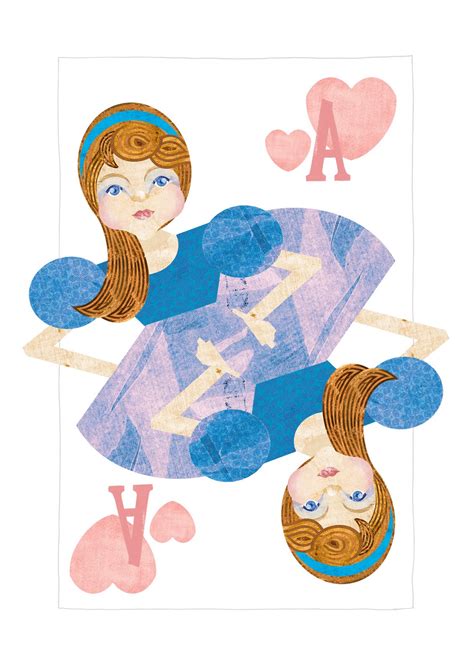 King, queen, knave of hearts from one side and opposed to them cat, duchess and hatter as the cards of spades. Caroline Halliwell Illustration: Alice and Wonderland playing cards