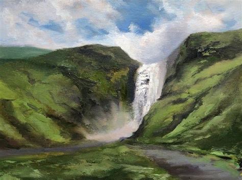 Original 85 X 1125 Oil Painting On Paper Icelandic Waterfall
