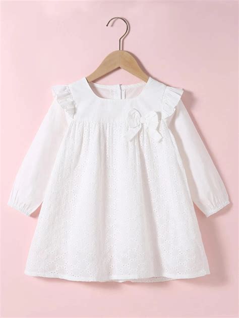 Toddler Girls Eyelet Embroidered Ruffle Trim Bow Front Babydoll Dress