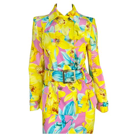 S S 2004 Versace By Donatella Runway Pink Neon Yellow Floral Belted Skirt Suit For Sale At 1stdibs